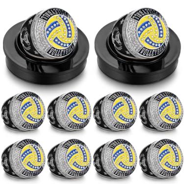 Imagem de Highergo 10 peças de anéis de troféu de campeonato de beisebol de basquete com corrente de pescoço e suporte de boliche, MVP, softball, futebol, vôlei, para presente de prêmio de torneio (prata,