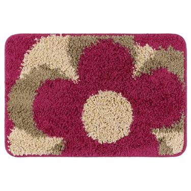Imagem de uxcell Tapete de banho floral, tapete de banheiro felpudo de pelúcia, tapete de banho lavável xadrez para piso de banheiro, banheira e chuveiro 51 x 81 cm, vermelho marrom