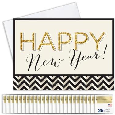 Imagem de Cartões comemorativos de ano novo - N1601. Cartões comemorativos com Feliz Ano Novo em Script e designs em preto e dourado. O conjunto de caixa tem 25 cartões comemorativos e 26 envelopes brancos com forro dourado.