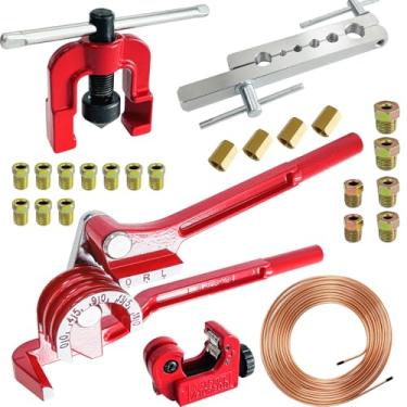 Imagem de Socpuro Kit de linha de freio de 3/40.6 cm inclui linhas de freio banhadas a cobre de 25 pés com encaixe de 20 peças, ferramenta de alargamento único, dobrador de linha de freio e cortador de tubo,