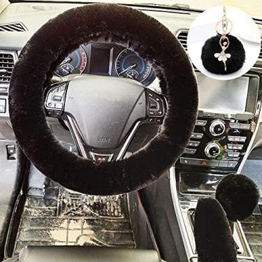 Imagem de ZYNQACC Conjunto de 4 peças de capas de volante fofas com capa de freio de mão, capa de mudança de marchas e chaveiro de pelúcia de lã sintética para volante para mulheres, interior automotivo, ajuste