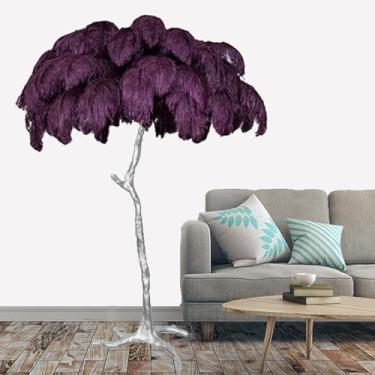 Imagem de Lâmpada de pé moderna, luz de proteção ocular regulável com abajur de penas, corpo e pedal prateados de resina, lâmpada de leitura de penas de chão