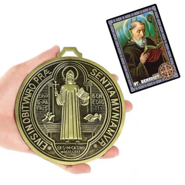 Imagem de Medalhas de São Bento de 12,7 cm com cartões de oração de São Bento, proteção doméstica, crucifixo católico de São Bento para cabide de porta, decoração de arte de parede mexicana, Escapularios