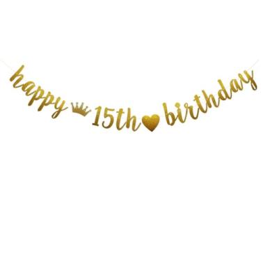 Imagem de Faixa de feliz aniversário de 15 anos, pré-amarrada, guirlandas de papel com glitter dourado para decoração de festa de 15º aniversário, letras douradas, ABCpartyland