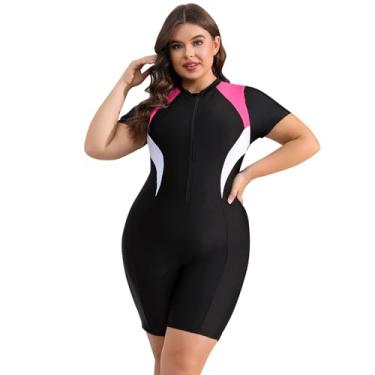 Imagem de IDOPIP Maiô feminino plus size, controle de barriga, proteção solar, FPS 50+, roupa de banho Rash Guard surf, Preto + rosa, GG