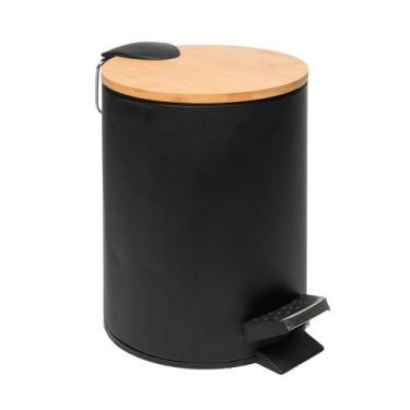 Imagem de Lixeira Redonda de Metal Pedal e Tampa em Bambu Preta 5L - Lyor