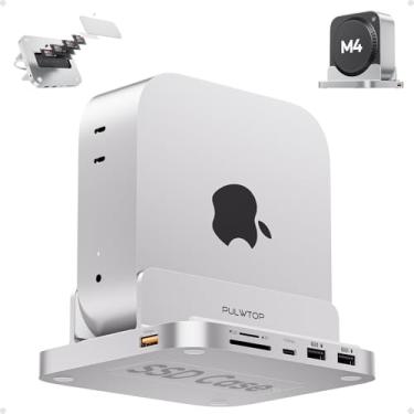 Imagem de PULWTOP Dock Mac mini M4 com gabinete SSD M.2 de 4 TB, hub USB-C vertical de alumínio 8 em 1 para Mac mini M4 Pro Hub com USB-A/C 3.2 10 Gbps, 2 x USB-A 2.0, áudio de 3,5 mm, slots SD/TF (SSD não