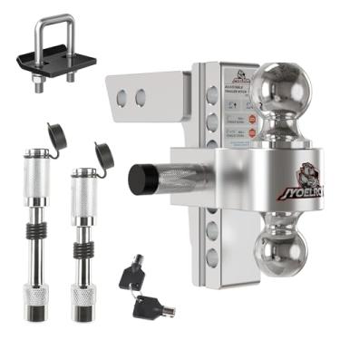 Imagem de Jyoelron Engate de reboque ajustável (receptor de 5.1 cm) 15.2 cm Drop & Rise (5.7 kg GTW) Engates de reboque de alumínio resistente bola dupla (5.1 cm e 2-5/40.6 cm) engate de engate duplo anti-roubo