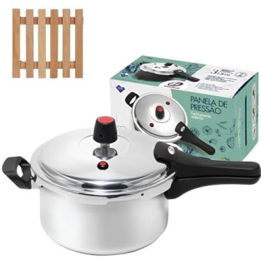 Imagem de Panela de Pressão 3 Litros Antiaderente Fechamento Externo + Descanso de Panela Quadrado Madeira 14,5cm