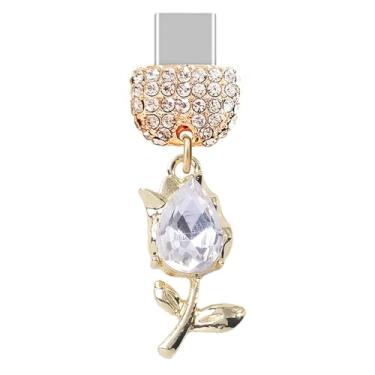 Imagem de ELISE & FONDA TP517 Tipo-C porta de carregamento cristal antipoeira pequena flor rosa pingente de telefone celular para iPhone 16/15/Samsung/OnePlus/Xiaomi/oppo telefones Android (branco), approx. 1.2