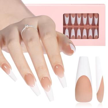 Imagem de AILLSA Pregos de ponta francesa, 180 peças de pontas de unhas de gel francês de caixão longo, primer pré-aplicado e camada de base, sem necessidade de lixa, pontas francesas para arte de unhas faça