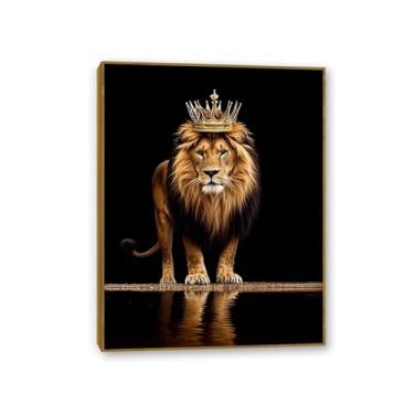 Imagem de SDYJ6GSW Arte de parede leão com coroa animal dourado preto coroado leão arte de parede para sala de estar decoração de escritório decoração de casa quarto masculino 65 x 50 cm (26 x 19 pol) moldura
