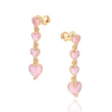 Imagem de Brincos rommanel feminino banhado ouro 18k pêndulo corações 527371