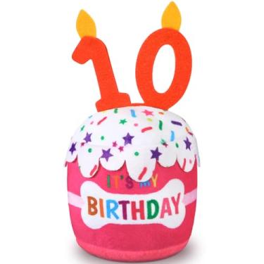 Imagem de Dansydaisy Acessórios de brinquedo de bolo de aniversário de 10 anos para meninas e meninos, brinquedo de pelúcia rosa para decoração de festa de aniversário para cães grandes, médios e pequenos