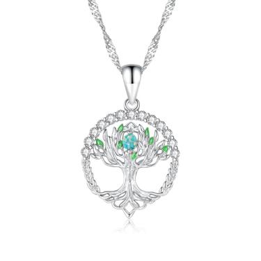 Imagem de CiNily Colar com pingente de árvore da vida para mulheres, meninas, colar com pingente de árvore genealógica banhado a ouro branco 14 K, opala criada, árvore da vida, pingente de pedra preciosa, joias