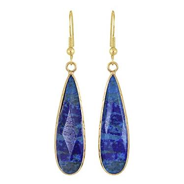 Imagem de AeraVida Lindos brincos pendentes de pedra lápis-lazúli sintética azul real em prata esterlina banhada a ouro para uso noturno com um toque elegante e vintage, Resina, Lápis-lazúli