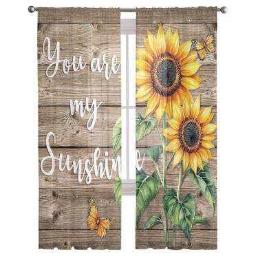 Imagem de Cortinas semitransparentes para janelas, cortinas rústicas de voile com filtro de luz de borboleta de girassol vintage fazenda marrom grão de madeira para quarto e sala de estar, 2 painéis de 213 cm