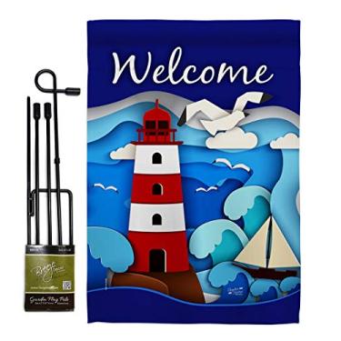 Imagem de Angeleno Heritage Conjunto de bandeira de jardim com farol vermelho Welcome Red com suporte náutico costeiro âncora marinheiro conchas do mar ao ar livre verão casa oceano decoração banner pequeno presente de quintal dupla face, feito nos EUA