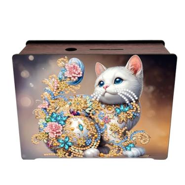 Imagem de LXTONG Kit de cofrinho de pintura de diamante de gatinho, caixa de desafio de madeira de arte de diamante de gato branco, caixa de poupança de dinheiro, moeda de gato, caixa de poupança de dinheiro