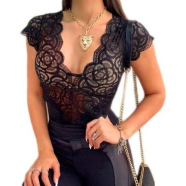 Imagem de Body Renda Decotado Manga Curta Rendado Bojo Guipir - Swisz, M, Preto