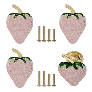 Imagem de Hetyskluy Puxadores de cozinha de decoração de morango rosa, puxadores de armário de morango, puxador de gaveta em forma de fruta para armário cômoda porta guarda-roupa porta móveis domésticos alça de