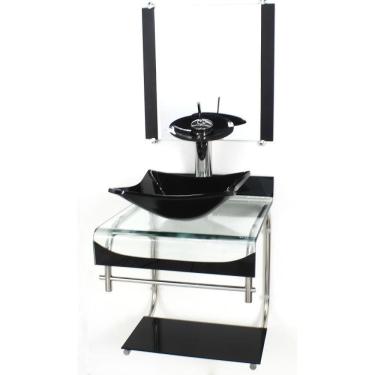 Imagem de Gabinete Vidro 40Cm Banheiro Curvado Duplo Inox Cuba