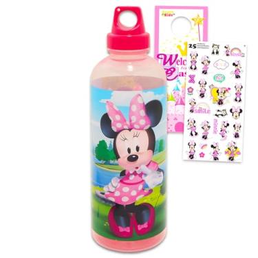 Imagem de Disney Conjunto de garrafa de água reutilizável Minnie Mouse de 850 g – Pacote com garrafa de água de plástico com tampa giratória para casa, escola, esportes, mais adesivos, mais recipientes