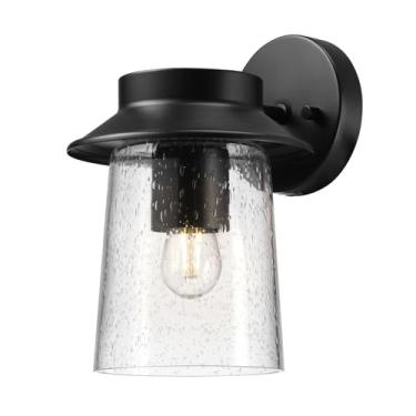 Imagem de Globe Electric 60000130 Arandela de parede solar integrada LED para ambientes externos, preto fosco, sombra de vidro semente, lâmpada de filamento falso, 1 watt, 100 lúmens, 3000 Kelvin, 80 CRI