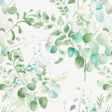 Imagem de Naphite Papel de parede floral, papel de contato boho para armários e gavetas, papel de contato com folhas florais verdes, papel de parede removível autoadesivo para quarto, flor, eucalipto, 43 cm L