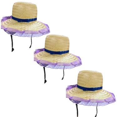 Imagem de Kit 3 Chapéus de Palha com Trança Infantil, Circunferência 52,5cm, Largura 17cm, Cor Lilás, Estilo Clássico para Festas Juninas