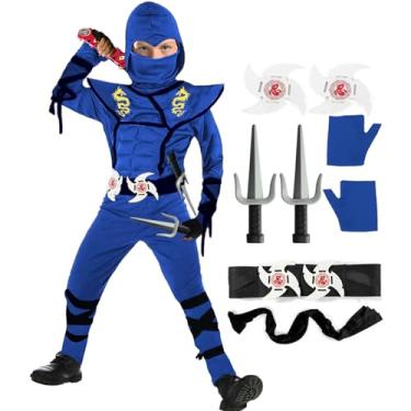 Imagem de SATKULL Fantasia infantil Ninja azul, conjunto de fantasia Ninja Deluxe com acessórios de espuma ninja para meninos e meninas, festa de Natal (infantil-10/12T)
