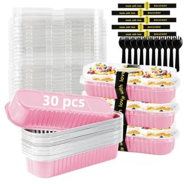 Imagem de Orlashop Pacote com 30 formas retangulares de papel alumínio rosa descartáveis com tampas, mini formas de bolo de 200 ml para assar, formas de pão, recipiente pequeno para bolo