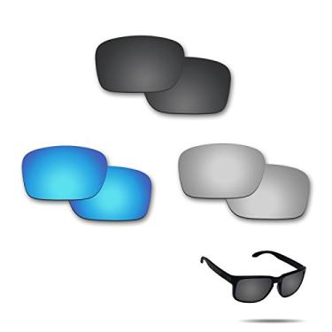 Imagem de Lentes de reposição polarizadas antiágua salgada Fiskr para Oakley Holbrook pacote com 3 pares, Stealth Black & Metallic Silver & Ice Blue, 0