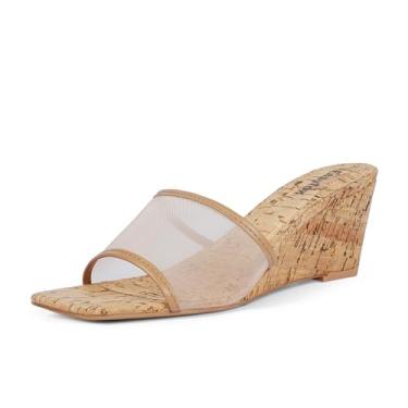 Imagem de Easyfox Sandálias de cunha para mulheres, bico aberto, salto cunha, sandália feminina, salto quadrado, salto quadrado, sandálias de cunha de grão de madeira, Malha nude, 41