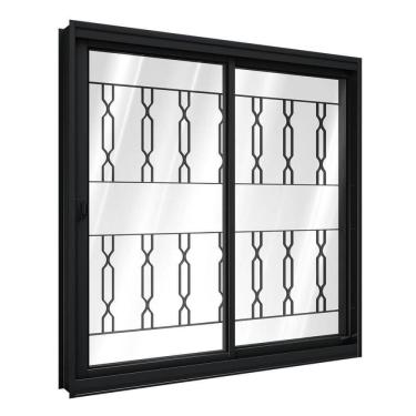 Imagem de Janela De Aço De Correr Lateral 1 Folha Móvel E 1 Folha Fixa Com Grade Mosaico 100x100cm Aço Pronto Riobras Preto