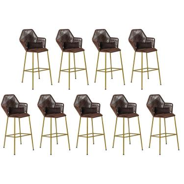 Imagem de Kit 09 Banqueta Alta Com Encosto Sttar Ferro Dourado Fibra Marrom Almofada Suede Marrom