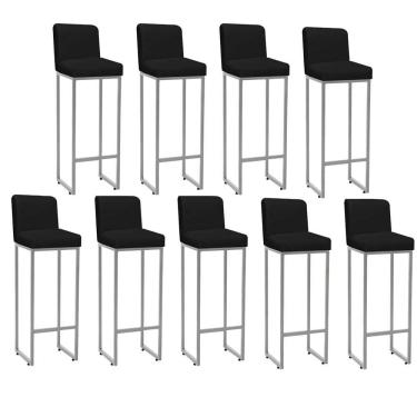 Imagem de Kit 09 Banqueta Alta Com Encosto Lucca -60cm Chão Até O Assento Industrial Ferro Cinza Suede Preto - Amey Decor