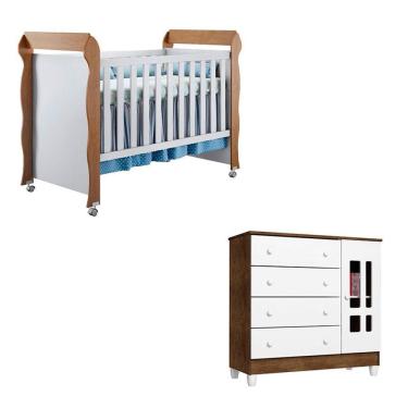 Imagem de Kit Berço Americano Mirelle e Cômoda Ariel em MDF e MDP com Grade Fixa Branco Acetinado Amadeirado