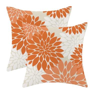 Imagem de CXMEIFLY Capas de almofada de outono laranja queimado para ambientes externos 50 x 50 cm conjunto de 2 almofadas decorativas de dália branca coral decoração floral geométrica moderna para decoração de