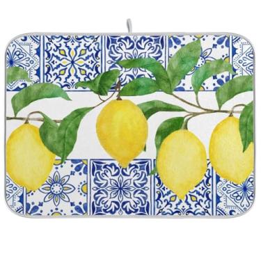 Imagem de BOENLE Tapete Absorvente De Microfibra Para Escorredor Louças, Azulejos Azuis-Limão, Bancadas Cozinha, Grande, 18 X 24 Pol., Tapetes Reversíveis