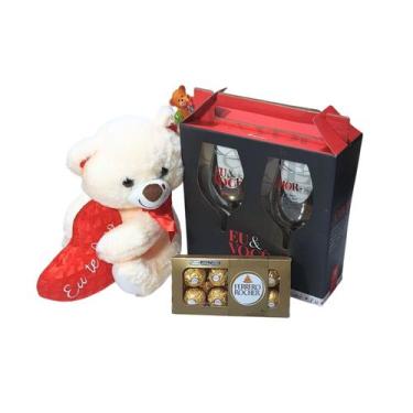 Imagem de Presente Kit Taças Dia dos Namorados com Urso e Ferrero - Cesta de Pre