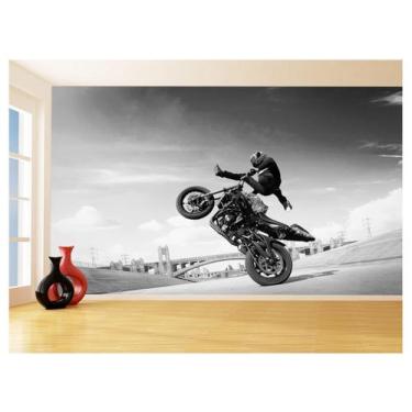 Imagem de Papel De Parede 3D Moto Grau Empinando Manobra 3,5M Bkm38 - Você Decor
