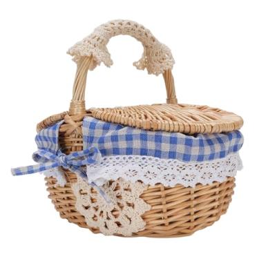Imagem de Zopsc Cesta de Piquenique de Vime Com Revestimento de Linho Removível, Cesto Oval de Tampa Dupla para Camping, Reuniões Ao Ar Livre, Armazenamento Rústico No Uso à Mão (10x7x9.8in) (Xadrez azul)