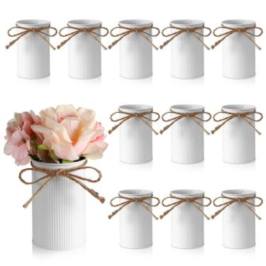 Imagem de Wanmu 12 peças de vaso de fazenda de 10 cm, jarro de flores vintage com laço de barbante, vaso de metal galvanizado para flores artificiais para mesa de centro de mesa, casamentos, decoração moderna e