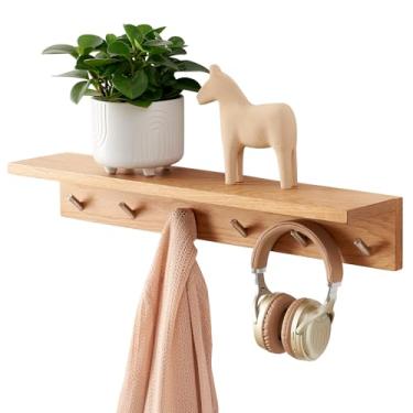 Imagem de Cabide prateleira de parede de madeira de carvalho com 6 ganchos cabide de parede cabide com prateleira flutuante para quarto, sala de estar, cozinha (natural, 69,8 cm)