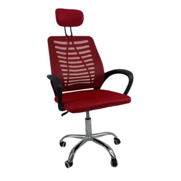 Imagem de Cadeira de escritório tecido de malha suporte de pescoço traseiro ergonômico confortável ajustável cadeira de escritório de volta para o trabalho em casa(Preto Vermelho)