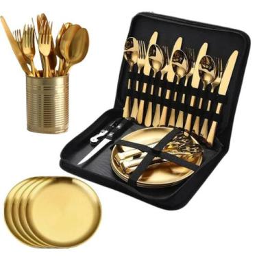 Imagem de Jogo De Talheres Faqueiro Garfo Aço Inox + Estojo Dourado Prata Brilho