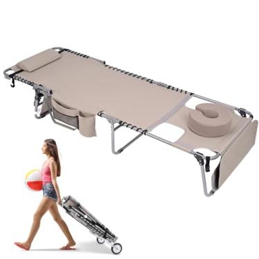 Imagem de Cadeira de bronzeamento WHEEL-2-GO grande resistente com orifício acolchoado ajustável dobrável para cadeira de praia plana com rodas para banhos de sol ao ar livre, pátio, piscina, gramado