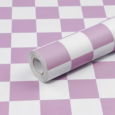 Imagem de CAX Papel de parede quadriculado de 43 cm x 3200 cm roxo e branco papel de contato autoadesivo removível rolo de vinil impermeável papel de parede quadriculado para armários de banheiro prateleira