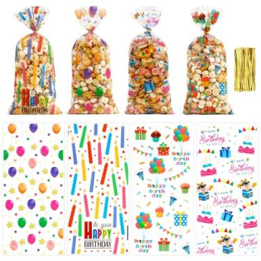 Imagem de 100 unidades de sacos de presente de celofane de feliz aniversário (12 x 28 cm) com laços coloridos de plástico para guloseimas doces biscoitos presentes bolsas a granel para lembrancinhas de festa de